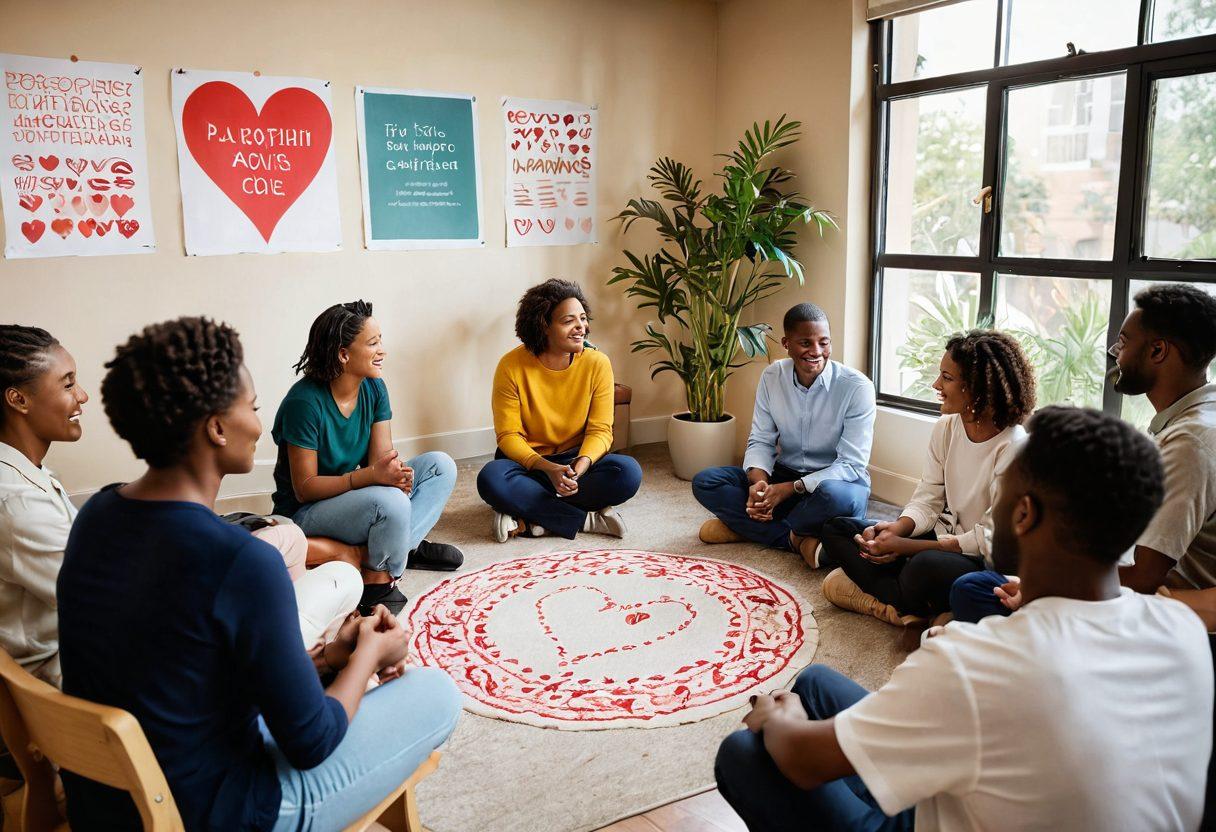 A diverse group of people sitting in a circle, engaged in a warm discussion with smiling faces and open body language, surrounded by supportive symbols like hearts and hands. Include a backdrop of a cozy, inviting room with soft lighting and plants for a nurturing atmosphere. Showcase elements of patient advocacy, like pamphlets and informational posters, to emphasize education and support. super-realistic. vibrant colors. warm tones.