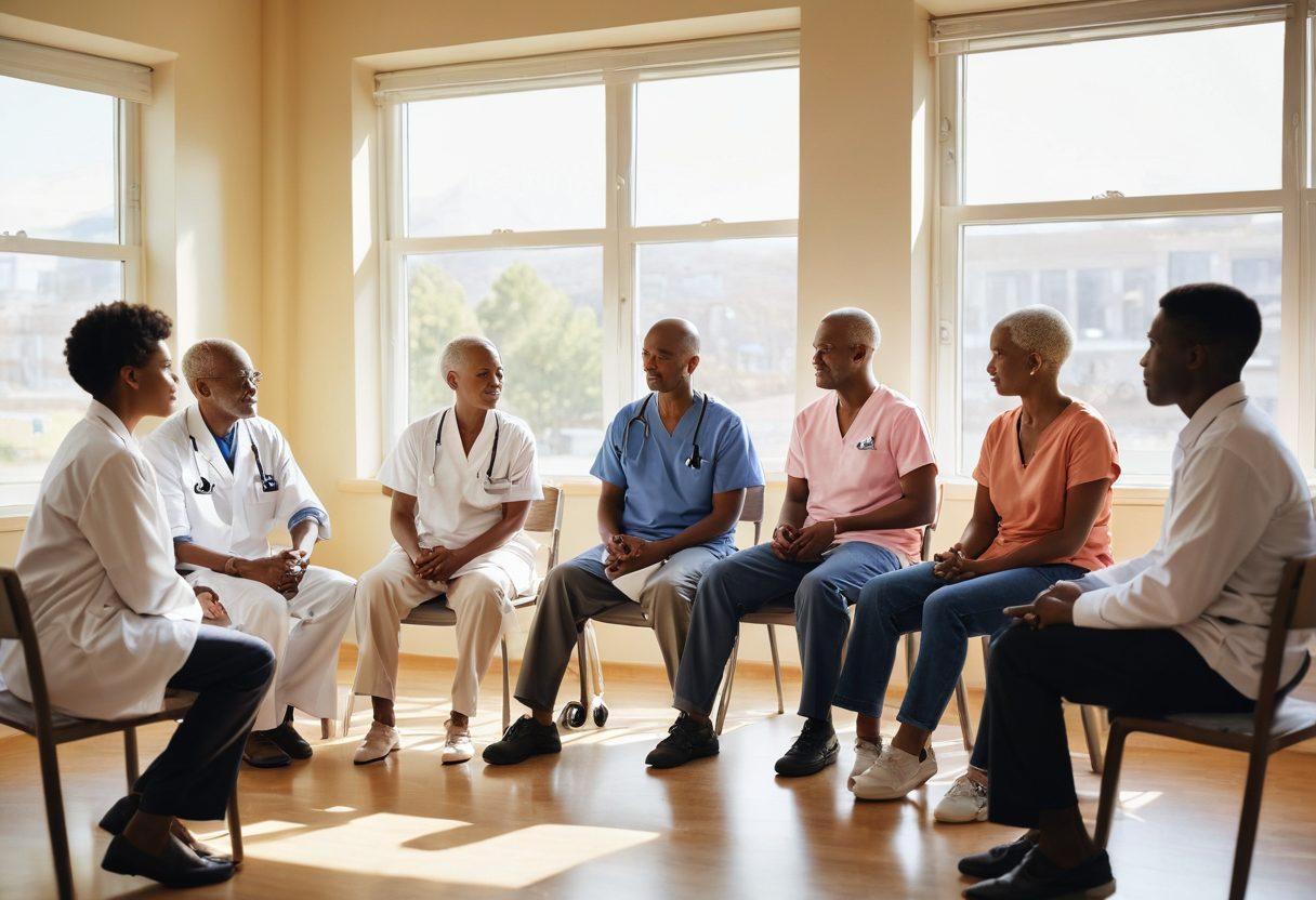 A comforting scene depicting a diverse group of patients and healthcare advocates discussing cancer care in a bright, open clinic space. Include elements like infographics on cancer awareness, supportive gestures, and hopeful expressions. Show sunlight streaming in through large windows, symbolizing hope and clarity. soft focus. warm colors. super-realistic.