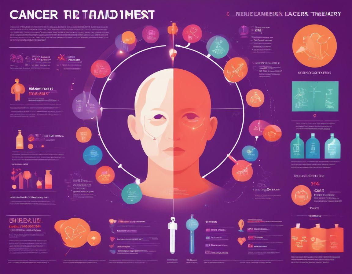 A visually engaging infographic that illustrates various cancer treatment options including chemotherapy and immunotherapy. Include a balanced scale representing effectiveness and side effects, alongside vibrant icons for each treatment type. Use a color palette that conveys hope and healing with visually distinct sections. Infuse modern design elements to enhance clarity and appeal. vector art. vibrant colors. white background.